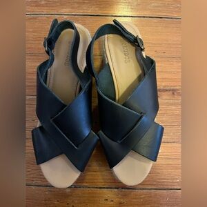 Soludos | Black Leather Cross Wedge Platform Espadrille